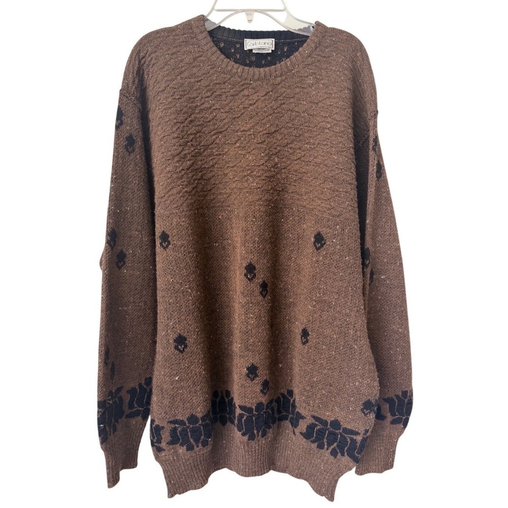 Vintage Carlo Lana Italian Grandpa Sweater Brown Knit Intarsia SZ L Italy Sz 50